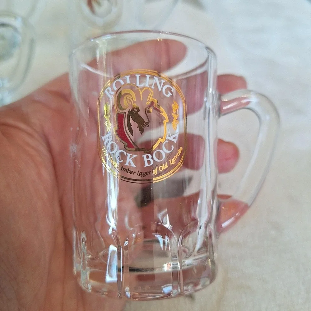 Set of 4 Rolling Rock Bock Miniature Glass Beer Mug Shot Glasses Made In France